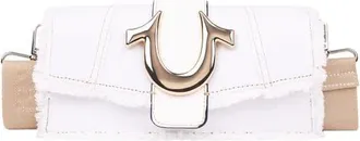True Religion Frayed Denim Flap Bag with Logo Strap in White at Nordstrom