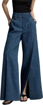 Generic Womens Straight Jeans Retro Slit Hem High Waist Pocket Casual Wide Leg Denim Pants