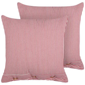 Beliani Beliani - Conjunto De 2 Cojines Decorativos De Estilo Retro Fabricado En Algod&oacute;n Con Patr&oacute;n De Rayas Cuadrado En Color Rojo Y Blanco 45 X 45 Cm Aalita