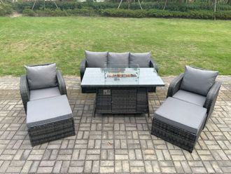 Fimous Rattan Outdoor Garden Furniture Sofa Set Gas Fire Pit Dining Table Gas Heater with 2 Big Footstool Dark Grey Mixed