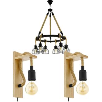 Loops 6 Bulb Ceiling Pendant & 2x Matching Wall Lights Black Rope Trendy Feature Lamp