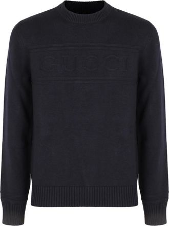 Gucci Round-neck Knitwear, male, Blue, Size: L Knit Cotton Wool Sweater with Intarsia