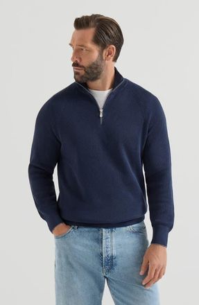 Brunello Cucinelli Cotton English rib sweater with half zip and raglan sleeves in Navy Blue at Nordstrom, Size 52