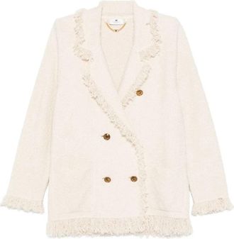 Elisabetta Franchi Boucl&eacute; Gebreid Jasje met Franjes - Dames - Blazers - Geel - M - Katoen - Jassen