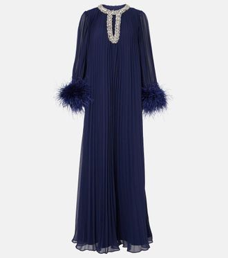 Self Portrait Plissé feather-trimmed chiffon maxi dress