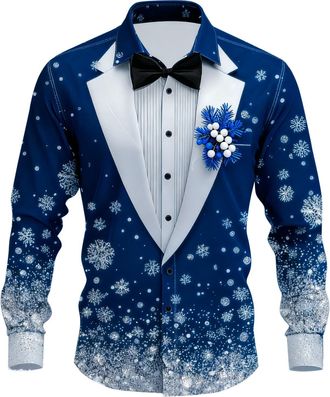 Generic Mens Christmas Shirt Ugly Snowflake Graphic Tops Funky Long Sleeve Button Down Dress Shirts Lapel Collar Tshirt Oversize Soft Outwear for Running and 