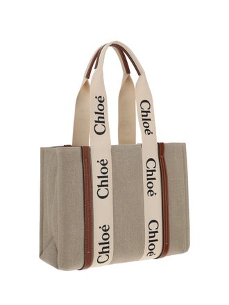 Chlo&eacute; Womens Woody Canvas Shoulder Bag White - Brown 1 Linen Handbags Hand