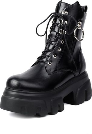 Generic Womens Platform Combat Boots Glossy PU Leather Metal Ring Decoration Lace Up Side Zipper Non Slip Wear Resistant Chunky Sole Comfortable Stylish For S