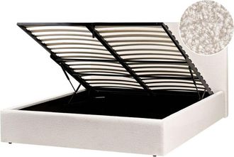 Beliani Ottoman Bed Off-White Boucle EU Double Size 4ft6 Fabric Upholstery with Wide Headboard and Storage Lift-Up Slatted Base BRENON