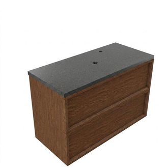 Saniclass Holz Frame Badkamermeubelset - 100x45x63cm - Noche basalten wastafelblad gepolijst (zwart) - 1 kraangat - 2 lades - mat walnut pure (hout)