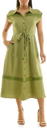 Nina Leonard Cap Sleeve Lace Trim Midi Shirtdress in Soft Olive at Nordstrom Rack, Size X-Large