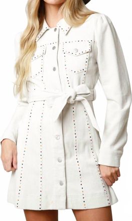 Peach Love California Corduroy Rhinestone Belted Dress In White