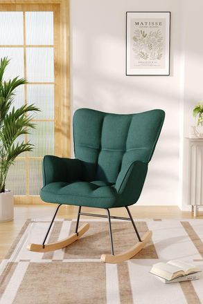 Living and Home Green Linen Check Tufted Rocking Chair
