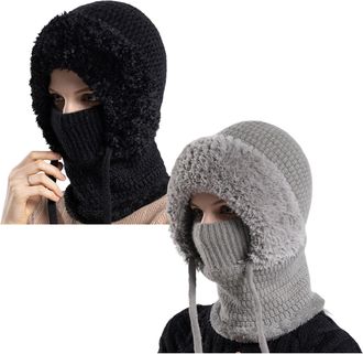 Generic 3 in 1 Winter Hat with Scarf and Mask, Womens Outdoors Windproof Knitted Hat, Elastic Warm One-Piece Hatand Scarf (UK, Alpha, One Size, Black+Gray)