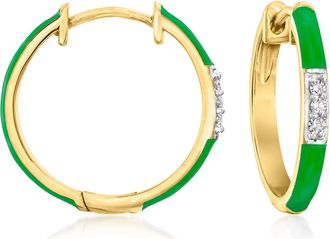 Ross-Simons Green Enamel and Diamond Hoop Earrings in 18kt Gold Over Sterling