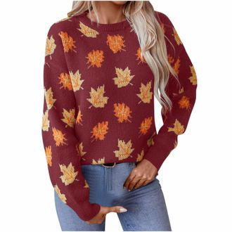 Generic Ladies Jumpers Trendy Maple Patterned Knitted Jumpers Autumn Winter Crew Neck Pullover Sweaters Dressy Casual Holiday Thermal Warm Knitwear Tops,Wine,