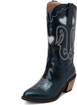 Generic Womens Slip-On Mid-Calf Boots with Embroidery Chunky Heel Western Cowboy Boots Pointed Toe PU Leather Long Boot,Green,2.5 UK