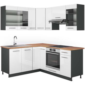 Vicco Cucina angolare completa Fame-Line, Bianco lucido/antracite, 160 x 190 cm, pl Rovere