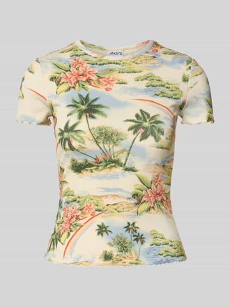 Jake*s Casual T-Shirt in Ripp-Optik mit Wellensaum in Ecru, Gr&ouml;&szlig;e XS