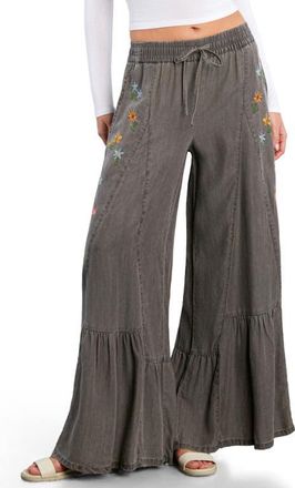 BILLY T Embroidered Butterfly Drawstring Wide Leg Jeans in Grey Bloom at Nordstrom, Size X-Large