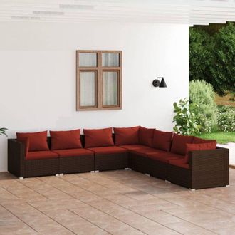 vidaXL Set Muebles De Jard&iacute;n 7 Piezas Y Cojines Rat&aacute;n Sint&eacute;tico Marr&oacute;n Vidaxl