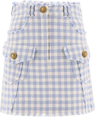 Balmain Gingham Tweed A-Line Rok - Dames - Korte rokken - Blauw - M - Tweed - Rokken