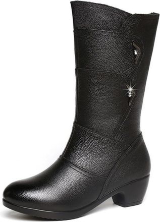 Generic Womens Round Toe Chunky Heel Mid Calf Boots with Side Zipper Warm Plush Lined Comfort Casual Fashion Winter Shoes (Black,5.5)