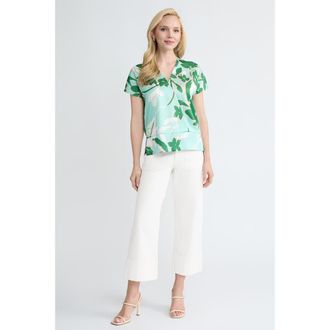 Ming Wang Floral Printed Crepe de Chine Top in Kelly Green/euca/lime/ivory at Nordstrom, Size X-Small