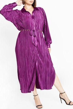 City Chic Andi Long Sleeve Pliss&eacute; Maxi Shirtdress in Magenta at Nordstrom, Size Xs