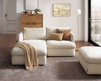 Castlery Ollie Storage Small Chaise Sectional Sofa Left Facing with Ottoman, (Greta) Ivory, Removable Covers, Gaslift Storage