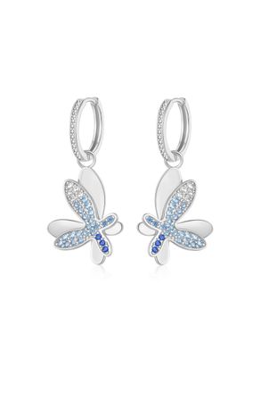 Classicharms Silver Gradient Blue Pav&eacute; Diamond Butterfly Dangle Drop Hoop Earrings