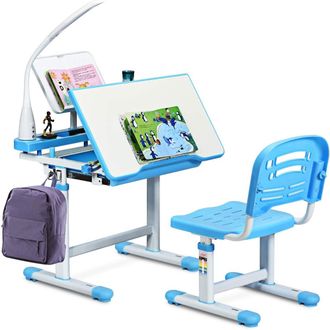 Costway Costway Escritorio Para Ni&ntilde;os Con L&aacute;mpara Silla Mesa De Dibujar Lectura Para Infantil &Aacute;ngulo Y Altura Ajustable Azul