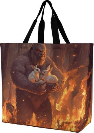 Generic Bigfoot Rabbits Fire Reusable Shopping Bags One Shoulder Grocery Tote Bag Waterproof Big Purse for Work Travel