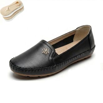 Generic Stylish Orthopedic Leather Shoes Womens Elegant Flats Soft Slip-On Walking Lightweight Casual Comfort Loafers for Daily Wear (Black, Adult, Women, 6.5