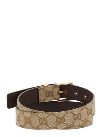Gucci GG Monogram Leather and Fabric Belt - Beige