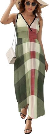 Generic Green Red Buffalo Scottish Tartan Plaid Checkered Maxi Dresses for Women Summer Sleeveless V-Neck Long Sundress Party Dress