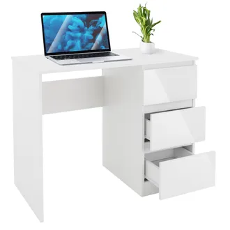ML Design Ml-design - Scrivania Con 3 Cassetti Bianco Opaco 90x76x50 Cm Cassetti Frontali Lucidi Pannelli Mdf Scrivania Da Lavoro Moderno Semplice Elegante Tavo