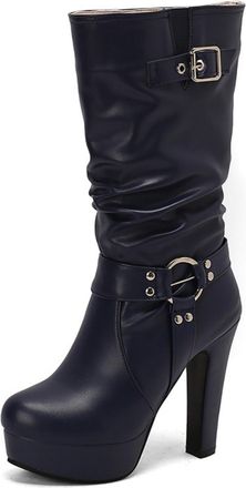 Generic Womens Mid Calf Ruched Platform High Heel Boots Round Toe Faux Leather Metal Buckle Slip On Bold Color Retro Style Comfortable Durable For Daily Casua