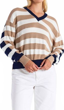 Brodie Mesh Stripe V Sweater In Light Brown & Navy