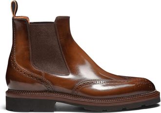 Santoni Chelsea Brogue Boot - Heren - Chelseaboots - Bruin - 42 EU - Leer - Schoenen