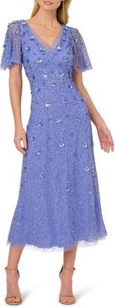 Adrianna Papell Beaded Mesh Flutter Sleeve Cocktail Dress in Peri Blue at Nordstrom Rack, Size 6