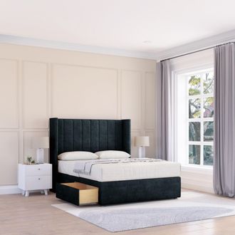 Sloomy Falcon Naples Wingback Bed Set, No Drawers & 54 Floor Standing Headboard in Black | Size: Small Double
