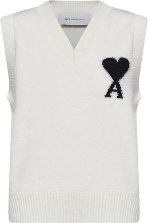 Ami Ribbed V-neck Mouwloze Gebreide Trui - Dames - V-hals truien - Wit - S - Wol - Truien & Vesten