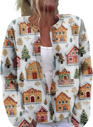 Generic Womens Cropped Christmas Jumpers Cardigan Funny Ugly Xmas Holiday Knit Jumper Long Sleeve Button Down Cardigan with Ribbed Cuffs Casual Festive Winter