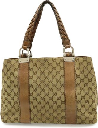 Gucci Beige Brown Canvas Leather Shoulder Bag Tote Bag (Pre-Owned)