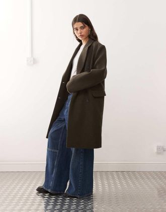 Weekday Logan - Cappotto al ginocchio oversize in misto lana kaki scuro-Verde