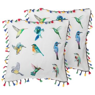 Beliani Conjunto De Cojines Decorativos Con Estampado De P&aacute;jaros Multicolor 45 X 45 Cm Decoraci&oacute;n Moderna Con Borlas Mallow
