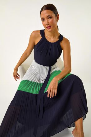 Roman Colourblock Pleat Halter Neck Maxi Dress