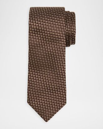 Brunello Cucinelli Mens Silk and Cotton Bicolor Basketweave Tie