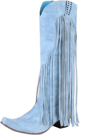Generic Womens Mid Calf Boots Plus Size Winter Chunky Heel Fringe Tall High Heel Boots Fashion Western Boots(Blue, 3.5)